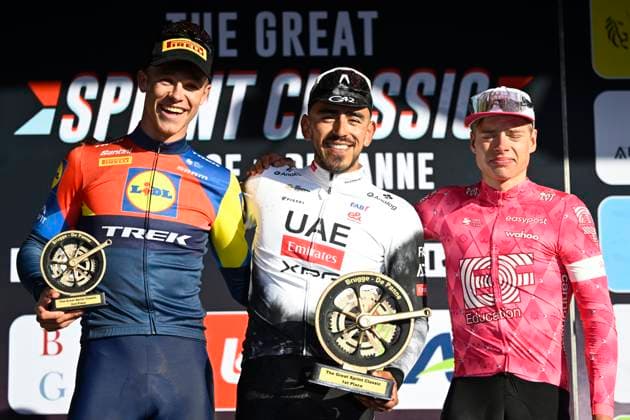Classic Brugge De Panne 2025 cycling race DE PANNE, BELGIUM - MARCH 26 : Milan Jonathan (ITA) of Lidl - Trek, Molano Juan Sebastian (COL) of UAE Team Emirates - XRG and Mihkels Madis (EST) of EF Education - EasyPost pictured during the podium ceremony of the Men Elite UCI World Tour 49th Classic Brugge De Panne cycling race with start in Brugge and finish in De Panne (195,6 km) on March 26, 2025 in De Panne, Belgium, 26 03 2025 ( Motordriver Kenny Verfaillie & De Panne Belgium  Copyright: xNicoxVereeckenx
