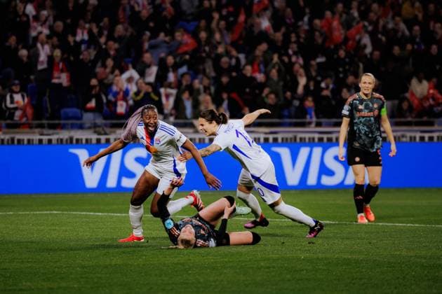 Lyon, France Kadidiatou Diani (11 Olympique Lyonnais) celebrates after scoring during the UEFA Womens Champions League quarter-final game between Olympique Lyonnais and Bayern Munich at Groupama Stadium in Lyon, France. (Pauline Figuet SPP) Copyright: xPaulinexFiguetx xSPPx spp-en-PaFiSp-PF_OLFCB2720