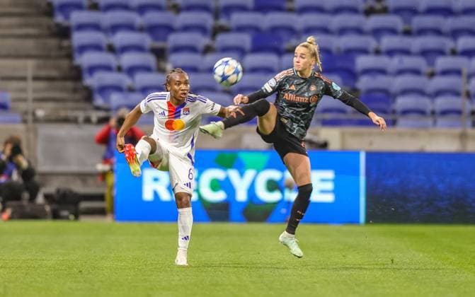 FRA, Lyon, Olympique Lyon vs FC Bayern Munich, WomenÂs Champions League, Football, UEFA, 2024 2025 season, Groupama Stadium, quarter-finals, pictured from l Melchie Dumornay Olympique Lyon 6 , Giulia Gwinn FC Bayern Munich Women 7 DFB DFL REGULATIONS PROHIBIT ANY USE OF PHOTOGRAPHS AS IMAGE SEQUENCES AND OR QUASI VIDEO, 26 03 2025, Copyright: HMBxMedia HendrikxHamelau
