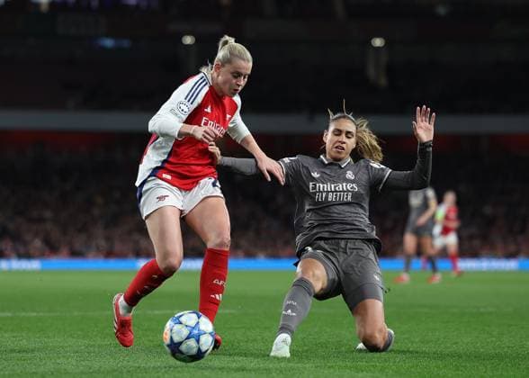 London, England, 26th March 2025. Alessia Russo of Arsenal and MaÃ«lle Lakrar of Real Madrid challenge for the ball during the UEFA Womens Champions League match at the Emirates Stadium, London. Picture credit should read: Paul Terry Sportimage EDITORIAL USE ONLY. No use with unauthorised audio, video, data, fixture lists, club league logos or live services. Online in-match use limited to 120 images, no video emulation. No use in betting, games or single club league player publications. SPI_015_PT_Arsenal_w_Real_Madrid_w SPI-3768-0015