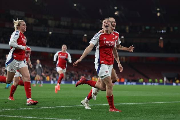 London, England, 26th March 2025. Mariona Caldentey of Arsenal celebrates after scoring to make it 2-0 during the UEFA Womens Champions League match at the Emirates Stadium, London. Picture credit should read: Paul Terry Sportimage EDITORIAL USE ONLY. No use with unauthorised audio, video, data, fixture lists, club league logos or live services. Online in-match use limited to 120 images, no video emulation. No use in betting, games or single club league player publications. SPI_031_PT_Arsenal_w_Real_Madrid_w SPI-3768-0030
