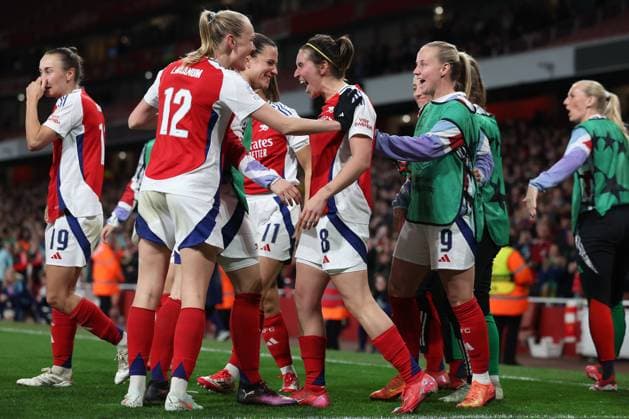 London, England, 26th March 2025. Mariona Caldentey of Arsenal celebrates after scoring to make it 2-0 during the UEFA Womens Champions League match at the Emirates Stadium, London. Picture credit should read: Paul Terry Sportimage EDITORIAL USE ONLY. No use with unauthorised audio, video, data, fixture lists, club league logos or live services. Online in-match use limited to 120 images, no video emulation. No use in betting, games or single club league player publications. SPI_032_PT_Arsenal_w_Real_Madrid_w SPI-3768-0031
