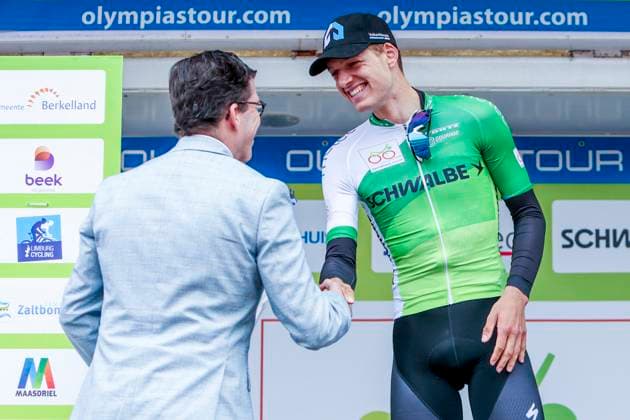 Winner stage 1 in green jersey Tim Mansman of VolkerWessels Cycling Team and mayor of Berkelland Joost van Oostrum , ITT Beltrum Stage 1, Metec Olympia s Tour Day 1, , March 26, 2025, Beltrum, Netherlands.