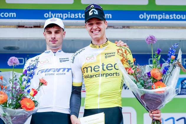 third in stage 1 and white jersey Arthur Blaise of Decathlon AG2R La Mondiale Dev Team and Winner stage 1 in yellow jersey Tim Mansman of VolkerWessels Cycling Team , ITT Beltrum Stage 1, Metec Olympia s Tour Day 1, , March 26, 2025, Beltrum, Netherlands.