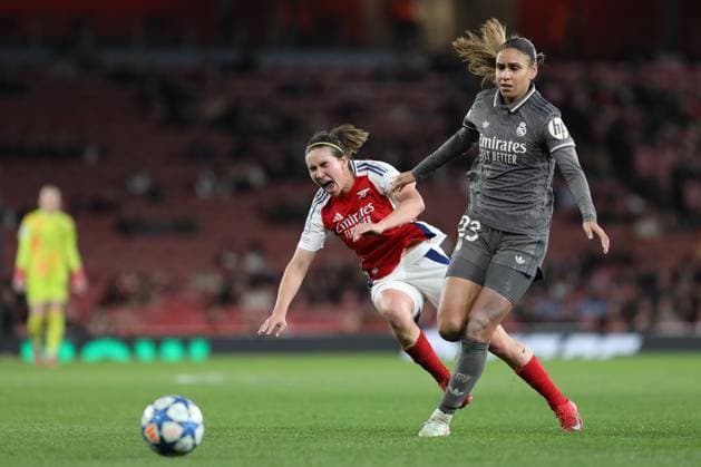 Mariona Caldentey of Arsenal Women is shoved off the ball by Maelle Lakrar of Real Madrid Women during the Womens Champions League match between Arsenal Women and Real Madrid Women at the Emirates Stadium, London, England on 26 March 2025. Copyright: xJoshuaxSmithx 42900062