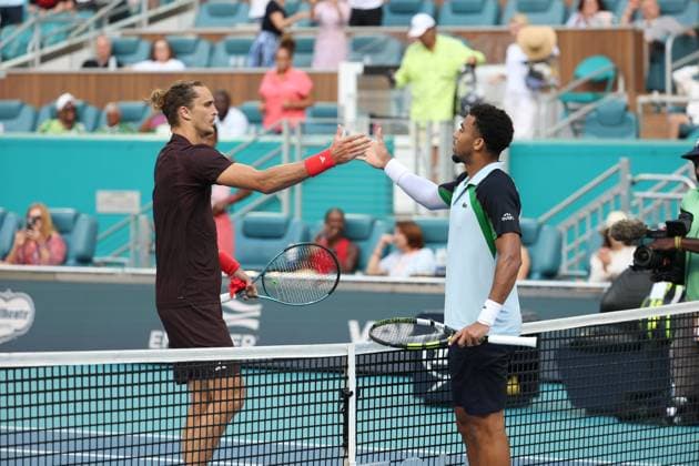 March 26, 2025, Miami Gardens, Florida, United States Of America: MIAMI GARDENS, FLORIDA - MARCH 26: Arthur Fils of France defeats Alexander Zverev of Germany in the quarter finals of the men s singles at the Miami Open at the Hard Rock Stadium on March 26, 2025 in Miami Gardens, Florida....People: Arthur Fils Miami Gardens United States Of America - ZUMAs214 20250326_ada_s214_297 Copyright: xSMGx