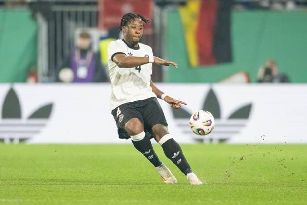 25 03 2025, Football match, European Championship preparation, season 2024 2025, Germany U21 Spain U21 at Merck Stadium in Darmstadt Bright Akwo Arrey Mbi Germany U21, 04 has played the ball Important note According to the guidelines of FIFA and UEFA, it is prohibited to use or have used photographs taken in the stadium and or of the match in the form of sequential images and or video-like photo series Photo Kirchner Media Thomas Haesler Copyright: xKirchner-Media ThomasxHaeslerx