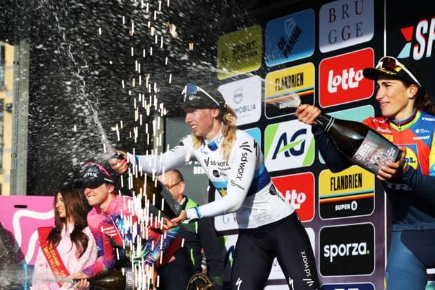 Italian Chiara Consonni of Canyon SRAM zondacrypto, Dutch Lorena Wiebes of SD Worx-Protime and Italian Elisa Balsamo of Lidl-Trek celebrate on the podium of the Classic Brugge-De Panne women s elite one-day cycling race, 152,7 km from Brugge to De Panne, Thursday 27 March 2025. KURTxDESPLENTER  x116239763x