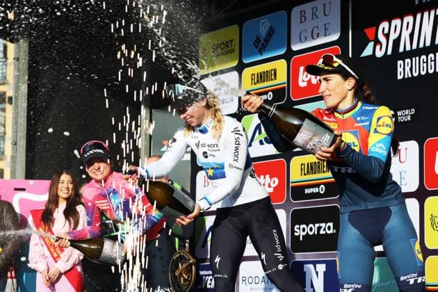 Italian Chiara Consonni of Canyon SRAM zondacrypto, Dutch Lorena Wiebes of SD Worx-Protime and Italian Elisa Balsamo of Lidl-Trek celebrate on the podium of the Classic Brugge-De Panne women s elite one-day cycling race, 152,7 km from Brugge to De Panne, Thursday 27 March 2025. KURTxDESPLENTER  x116240134x