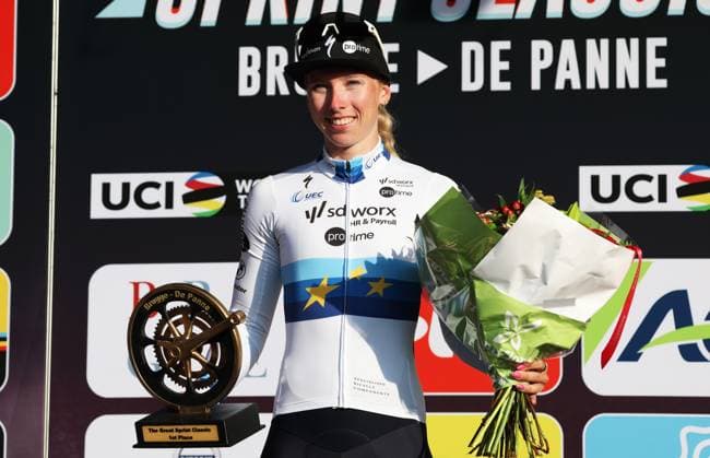 Dutch Lorena Wiebes of SD Worx-Protime celebrates on the podium after winning the Classic Brugge-De Panne women s elite one-day cycling race, 152,7 km from Brugge to De Panne, Thursday 27 March 2025. KURTxDESPLENTER  x116241076x