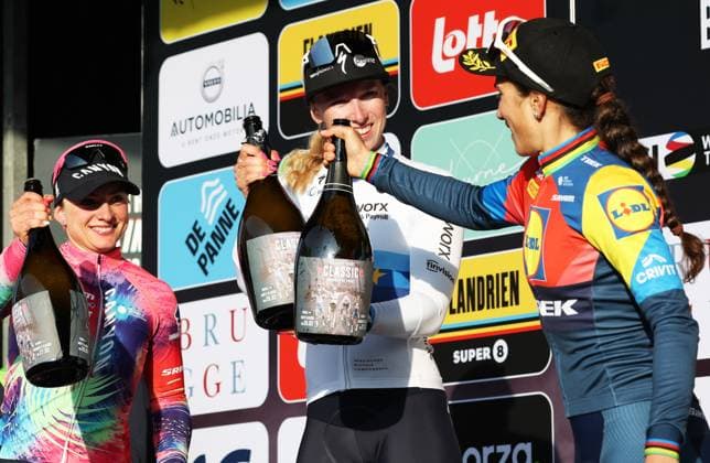 Italian Chiara Consonni of Canyon SRAM zondacrypto, Dutch Lorena Wiebes of SD Worx-Protime and Italian Elisa Balsamo of Lidl-Trek celebrate on the podium of the Classic Brugge-De Panne women s elite one-day cycling race, 152,7 km from Brugge to De Panne, Thursday 27 March 2025. KURTxDESPLENTER  x116241090x