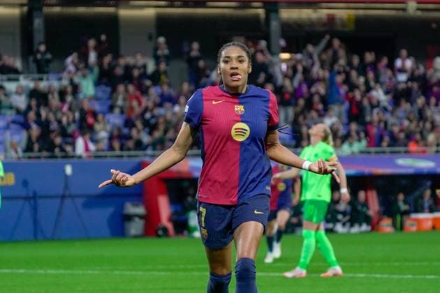 Barcelona, Spain, March 27th 2025 Salma Paralluelo celebrates FC Barcelona, Barca first goal the UEFA Women s Champions League match between FC Barcelona and VfL Wolfsburg at Johan Cruyff Stadium in Barcelona, Spain (Andres Lopez Sheridan SPP) Copyright: xAndresxLopezxSheridanxx xSPPx spp-en-AnLoShSp-ALS_BCN-WLF-15