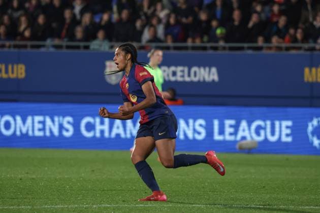 Spain - UEFA Women s Champions League - FC Barcelona, Barca vs VfL Wolfsburg - 27 03 2025 SPAIN, BARCELONA, MARCH 27. Esmee Brugts of FC Barcelona celebrates after scoring her side™s third goal during the UEFA Women s Champions League quarterfinals second leg match between FC Barcelona and VfL Wolfsburg on March 27, 2024 at Estadi Johan Cruyff in Barcelona, Spain. Photo by Manuel Blondeau AOP.Press Barcelona Estadi Johan Cruyff Catalunya Spain Copyright: x ManuelxBlondeau AOP.Pressx AOP20250327 0009