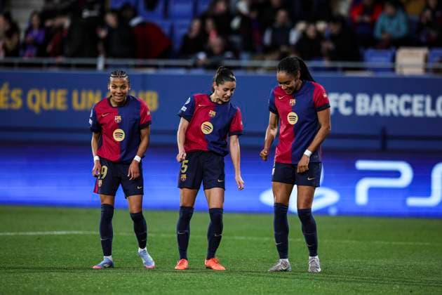 FC Barcelona, Barca Vs Vfl Wolfsburg - Womens UEFA Champions League 2024 25 Quarter - Final Salma Paralluelo of FC Barcelona celebrates after scoring a goal with Jana Fernandez and Vicky Lopez of FC Barcelona during the Women s UEFA Champions League 2024 25 Quarter-final match between FC Barcelona and Vfl Wolfsburg at Johan Cruyff Stadium in Barcelona, Spain, on March 27, 2025. Sant Joan Despi Spain  Copyright: xGongorax originalFilename:bonilla-fcbarcel250327_npWTp.jpg