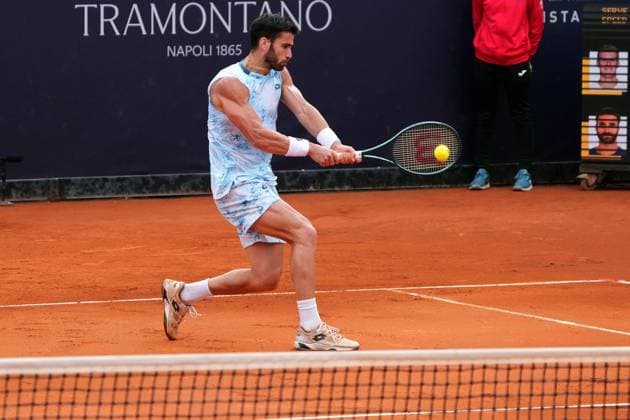 NAPLES, ITALY - MARCH 27 :Andrea Pellegrino during the ATP, Tennis Herren Challenger Tour match between Gauthier Onclin (Belgium) and Andrea Pellegrino (Italy) on March 27, 2025 in Naples, Italy Copyright: xFOTOAGENZIAx