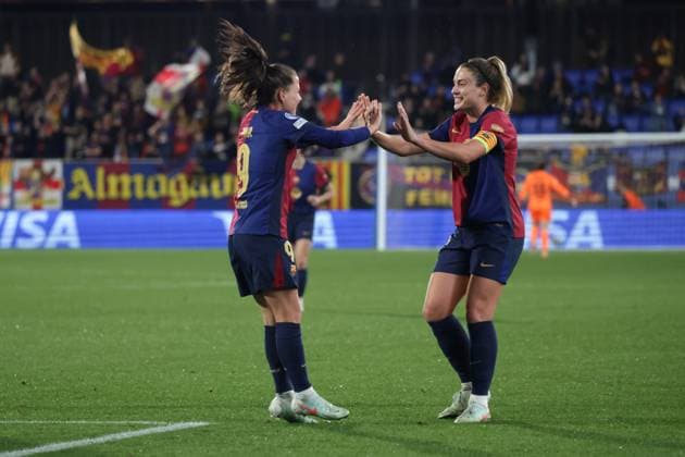 Spain - UEFA Women s Champions League - FC Barcelona, Barca vs VfL Wolfsburg - 27 03 2025 SPAIN, BARCELONA, MARCH 27. Claudia Pina of FC Barcelona celebrates with Alexia Putellas (R) of FC Barcelona after scoring his side™s fourth goal during the UEFA Women s Champions League quarterfinals second leg match between FC Barcelona and VfL Wolfsburg on March 27, 2024 at Estadi Johan Cruyff in Barcelona, Spain. Photo by Manuel Blondeau AOP.Press Barcelona Estadi Johan Cruyff Catalunya Spain Copyright: x ManuelxBlondeau AOP.Pressx AOP20250327 0012