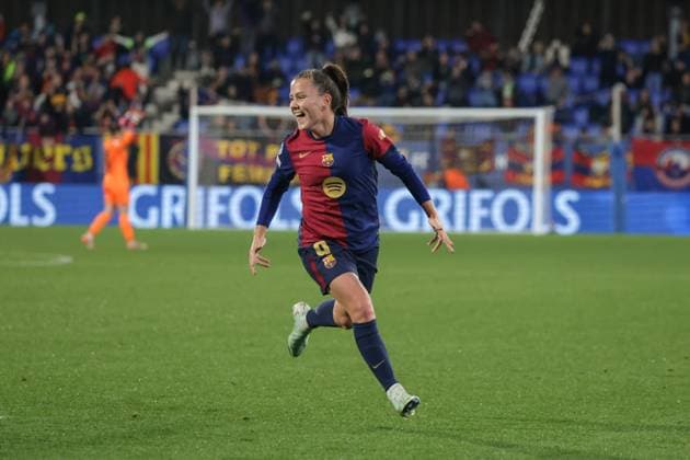 Spain - UEFA Women s Champions League - FC Barcelona, Barca vs VfL Wolfsburg - 27 03 2025 SPAIN, BARCELONA, MARCH 27. Claudia Pina of FC Barcelona celebrates after scoring his side™s fifth goal during the UEFA Women s Champions League quarterfinals second leg match between FC Barcelona and VfL Wolfsburg on March 27, 2024 at Estadi Johan Cruyff in Barcelona, Spain. Photo by Manuel Blondeau AOP.Press Barcelona Estadi Johan Cruyff Catalunya Spain Copyright: x ManuelxBlondeau AOP.Pressx AOP20250327 0014