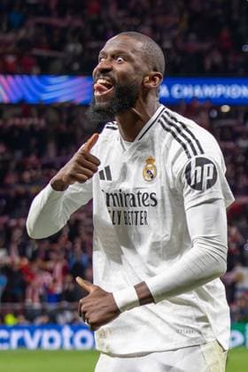 March 13, 2025, Madrid, Spain: Antonio Rudiger of Real Madrid celebrates victory during the UEFA champions league 2024 25 round of 16 second leg match between Atletico de Madrid and Real Madrid at Riyadh Air Metropolitano Stadium. Final score: AtlÃ tico de Madrid 1:0 Real Madrid Madrid Spain - ZUMAs197 20250313_aaa_s197_245 Copyright: xDavidxCanalesx
