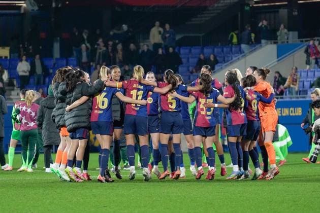 Barcelona, Spain, March 27th 2025 FC Barcelona, Barca celebrating the qualification for the semi finals of the UEFA Women s Champions League after the match between FC Barcelona and VfL Wolfsburg at Johan Cruyff Stadium in Barcelona, Spain (Andres Lopez Sheridan SPP) Copyright: xAndresxLopezxSheridanxx xSPPx spp-en-AnLoShSp-ALS_BCN-WLF-70