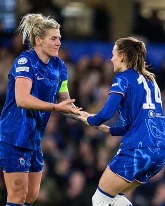 LONDON, ENGLAND - MARCH 27: Millie Bright and Nathalie Bjorn celebrates celebrates during the UEFA Women s Champions League Quarter Finals Second Leg match between Chelsea FC and Manchester City on March 27, 2025 in London, England. Photo Sebastian Frej Chelsea FC v Manchester City - UEFA Women s Champions League Quarter Finals Second Leg Copyright: xSebastianxFrejx