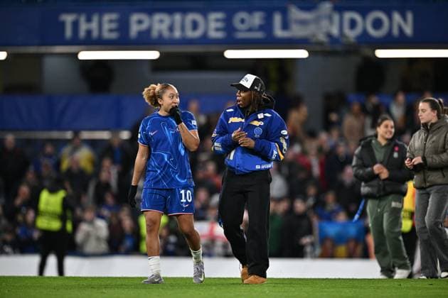 LONDON, ENGLAND - MARCH 27: Lauren James of Chelsea FC celebrates during the UEFA Women s Champions League Quarter Finals Second Leg match between Chelsea FC and Manchester City on March 27, 2025 in London, England. Photo Sebastian Frej Chelsea FC v Manchester City - UEFA Women s Champions League Quarter Finals Second Leg Copyright: xSebastianxFrejx