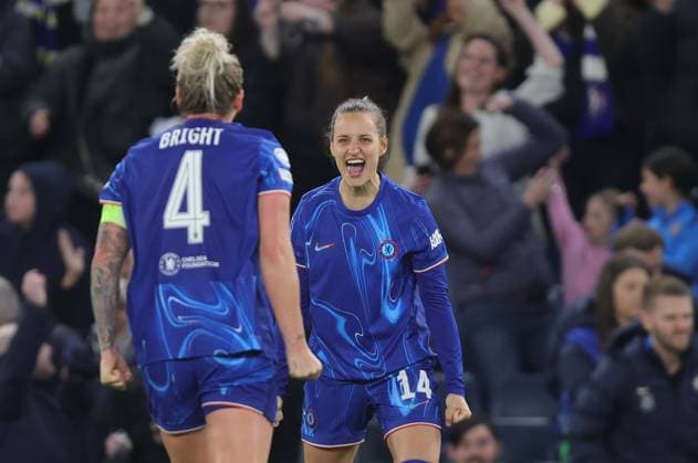 . - Chelsea Women v Manchester City Women, UEFA Women s Champions League, Quarter Finals, 2nd Leg, Second Leg, Stamford Bridge Stadium, London, UK - 27th March 2025. Daniel Weir Crystal Pix Nathalie Bjorn of Chelsea Women punches the air in delight as she celebrates the victory at the full time whistle. - Chelsea Women v Manchester City Women, UEFA Women s Champions League, Quarter Finals, 2nd Leg, Second Leg, Stamford Bridge Stadium, London, UK - 27th March 2025. Daniel Weir Crystal Pix London Stamford Bridge Stadium UK Copyright: xDanielxWeirx CP_Chelsea_Women_Manchester_City_Women_34