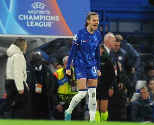Football - 2024 2025 UEFA Women™s Champions League - Quarter-Final - Second Leg - Chelsea vs Manchester City - Stamford Bridge - Thursday 27th March 2025. Nathalie Bjorn of Chelsea celebrates at the final whistle 