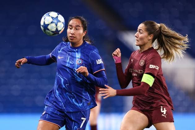 Chelsea gegen Manchester City 27. März 2025, London UEFA Women s Champions League Viertelfinale Rückspiel Chelsea gegen Manchester City Mayra Ramirez von Chelsea und Laia Aleixandri von Manchester City Foto Jacques Feeney Offside London UK  Copyright: xJacquesxFeeneyx xOffsidexOffside