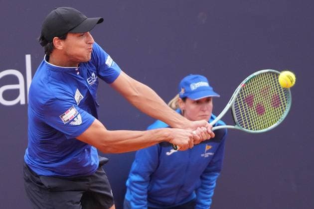 NAPLES, ITALY - MARCH 27 :Luciano Darderi during the ATP, Tennis Herren Challenger Tour match between Sumit Nagal (India )and Luciano Darderi (Italy)on March 27, 2025 in Naples, Italy Copyright: xFOTOAGENZIAx