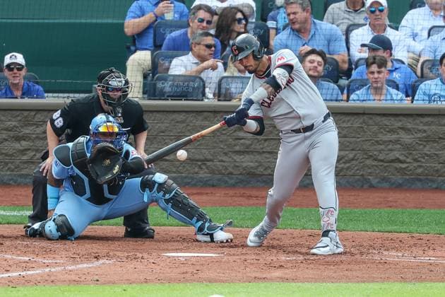 MLB, Baseball Herren, USA 2025: Guardians Vs Royals MAR 27 March 27, 2025: Cleveland Guardians second baseman Gabriel Arias (13) hits a double against the Kansas City Royals during the fifth inning on opening day of an MLB baseball game at Kauffman Stadium in Kansas City, MO. David Smith CSM (Credit Image: Â David Smith Cal Media) Kansas City Mo United States of America EDITORIAL USE ONLY Copyright: xx ZUMA-20250327_zma_c04_324.jpg DavidxSmithx csmphotothree369297