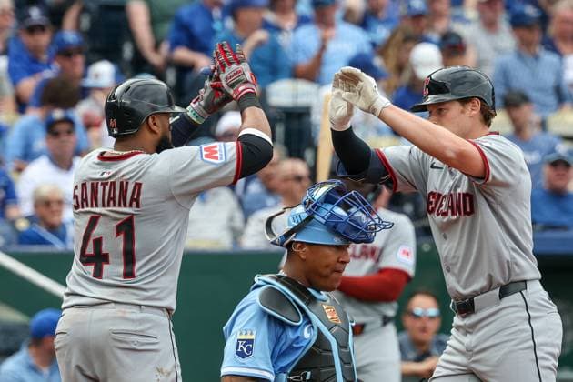 MLB, Baseball Herren, USA 2025: Guardians Vs Royals MAR 27 March 27, 2025: Cleveland Guardians designated hitter Kyle Manzardo (9), right, and Cleveland Guardians first baseman Carlos Santana (41) react to ManzardoÃ¢â‚¬â ¢s two run home run during the sixth inning on opening day of an MLB baseball game against the Kansas City Royals at Kauffman Stadium in Kansas City, MO. David Smith CSM (Credit Image: Â David Smith Cal Media) Kansas City Mo United States of America EDITORIAL USE ONLY Copyright: xx ZUMA-20250327_zma_c04_341.jpg DavidxSmithx csmphotothree369306
