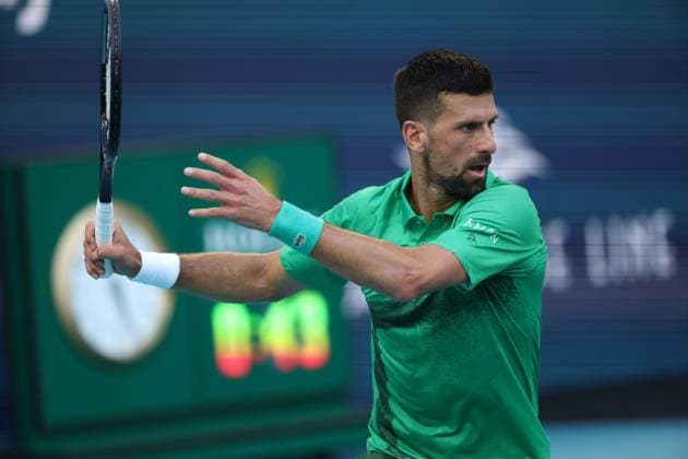 March 27, 2025, Miami Gardens, Florida, United States Of America: MIAMI GARDENS, FL - MARCH 27: Novak Djokovic of Serbia defeats Sebastian Korda of the United States match on Day 10 of the Miami Open at Hard Rock Stadium on March 27, 2025 in Miami Gardens, Florida..People: Novak Djokovic Miami Open 2025 - Day 10  - ZUMAs214 20250327_ada_s214_121 Copyright: xSMGx