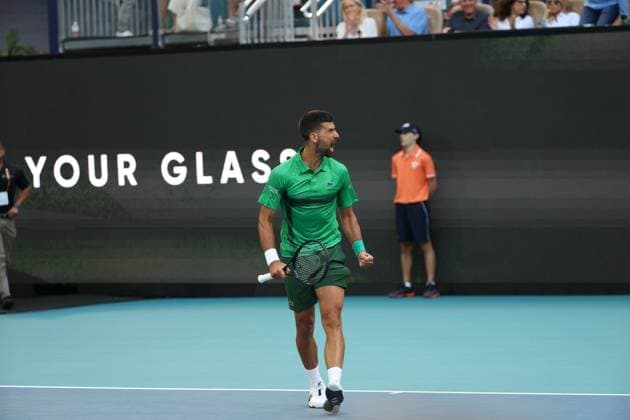March 27, 2025, Miami Gardens, Florida, United States Of America: MIAMI GARDENS, FL - MARCH 27: Novak Djokovic of Serbia defeats Sebastian Korda of the United States match on Day 10 of the Miami Open at Hard Rock Stadium on March 27, 2025 in Miami Gardens, Florida..People: Novak Djokovic Miami Open 2025 - Day 10  - ZUMAs214 20250327_ada_s214_137 Copyright: xSMGx