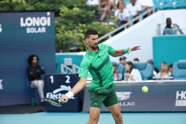 March 27, 2025, Miami Gardens, Florida, United States Of America: MIAMI GARDENS, FL - MARCH 27: Novak Djokovic of Serbia defeats Sebastian Korda of the United States match on Day 10 of the Miami Open at Hard Rock Stadium on March 27, 2025 in Miami Gardens, Florida..People: Novak Djokovic Miami Open 2025 - Day 10  - ZUMAs214 20250327_ada_s214_141 Copyright: xSMGx
