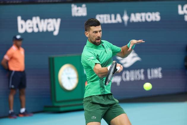 March 27, 2025, Miami Gardens, Florida, United States Of America: MIAMI GARDENS, FL - MARCH 27: Novak Djokovic of Serbia defeats Sebastian Korda of the United States match on Day 10 of the Miami Open at Hard Rock Stadium on March 27, 2025 in Miami Gardens, Florida..People: Novak Djokovic Miami Open 2025 - Day 10  - ZUMAs214 20250327_ada_s214_144 Copyright: xSMGx