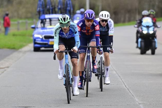 Belgian Dries De Bondt of Decathlon AG2R La Mondiale Team, Dutch Julius Van Den Berg of Team Picnic PostNL and Irish Rory Townsend of Q36.5 Pro Cycling Team pictured in action during the E3 Saxo Bank Classic one day cycling race, 208,8 km from and to Harelbeke, on Friday 28 March 2025. DIRKxWAEM  x116509219x