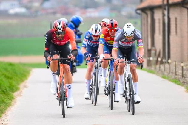 E3 Saxo Classic 2025 Cycling Race Harelbeke, Belgium - March 28 : Ganna Filippo (ITA) of Ineos Grenadiers, Pedersen Mads (DEN) of Lidl - Trek and Van Der Poel Mathieu (NED) of Alpecin - Deceuninck in the escape pack during the Men Elite UCI World Tour 68th E3 Saxo Classic cycling race of 208 kms with start in Harelbeke and finish in Harelbeke on March 28, 2025 in Harelbeke, Belgium, 28 03 2025 ( Motordriver Kenny Verfaillie - Harelbeke Belgium  Copyright: xVincentxKalutx