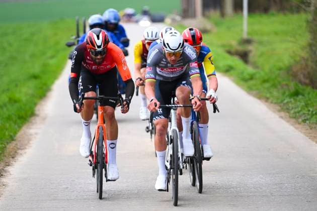 E3 Saxo Classic 2025 Cycling Race Harelbeke, Belgium - March 28 : Ganna Filippo (ITA) of Ineos Grenadiers, Pedersen Mads (DEN) of Lidl - Trek and Van Der Poel Mathieu (NED) of Alpecin - Deceuninck in the escape pack during the Men Elite UCI World Tour 68th E3 Saxo Classic cycling race of 208 kms with start in Harelbeke and finish in Harelbeke on March 28, 2025 in Harelbeke, Belgium, 28 03 2025 ( Motordriver Kenny Verfaillie - Harelbeke Belgium  Copyright: xVincentxKalutx