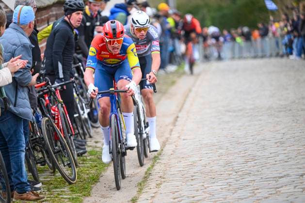 E3 Saxo Classic 2025 Cycling Race Harelbeke, Belgium - March 28 : Pedersen Mads (DEN) of Lidl - Trek and Van Der Poel Mathieu (NED) of Alpecin - Deceuninck attacking during the Men Elite UCI World Tour 68th E3 Saxo Classic cycling race of 208 kms with start in Harelbeke and finish in Harelbeke on March 28, 2025 in Harelbeke, Belgium, 28 03 2025 ( Motordriver Kenny Verfaillie - Harelbeke Belgium  Copyright: xVincentxKalutx