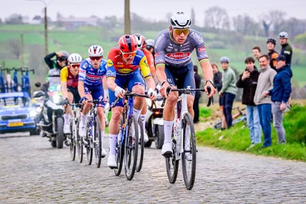 Danish Mads Pedersen of Lidl-Trek and Dutch Mathieu van der Poel of Alpecin-Deceuninck pictured in action during the E3 Saxo Bank Classic one day cycling race, 208,8 km from and to Harelbeke, on Friday 28 March 2025. DIRKxWAEM  x116537066x