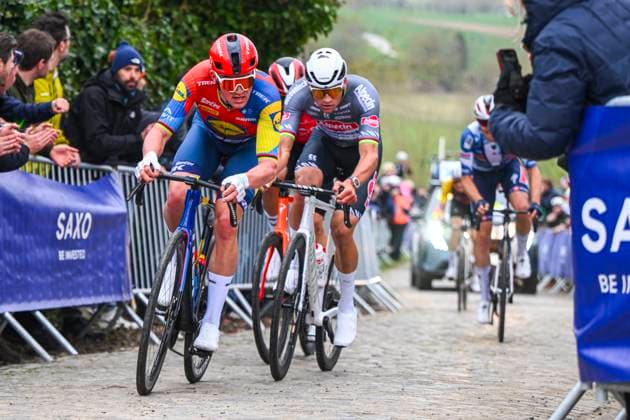 E3 Saxo Classic 2025 Cycling Race Harelbeke, Belgium - March 28 : Van Der Poel Mathieu (NED) of Alpecin - Deceuninck, Pedersen Mads (DEN) of Lidl - Trek in action during the Men Elite UCI World Tour 68th E3 Saxo Classic cycling race of 208 kms with start in Harelbeke and finish in Harelbeke on March 28, 2025 in Harelbeke, Belgium, 28 03 2025 ( Motordriver Kenny Verfaillie - Harelbeke Belgium  Copyright: xVincentxKalutx