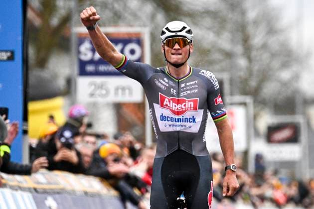E3 Saxo Classic 2025 Cycling Race Harelbeke, Belgium - March 28 : Van Der Poel Mathieu (NED) of Alpecin - Deceuninck celebrating his victory during the Men Elite UCI World Tour 68th E3 Saxo Classic cycling race of 208 kms with start in Harelbeke and finish in Harelbeke on March 28, 2025 in Harelbeke, Belgium, 28 03 2025 ( Motordriver Kenny Verfaillie - Harelbeke Belgium  Copyright: xPeterxDexVoechtx