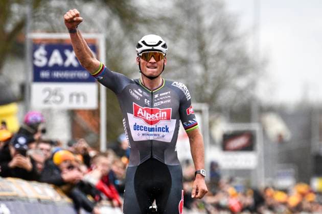 E3 Saxo Classic 2025 Cycling Race Harelbeke, Belgium - March 28 : Van Der Poel Mathieu (NED) of Alpecin - Deceuninck celebrating his victory during the Men Elite UCI World Tour 68th E3 Saxo Classic cycling race of 208 kms with start in Harelbeke and finish in Harelbeke on March 28, 2025 in Harelbeke, Belgium, 28 03 2025 ( Motordriver Kenny Verfaillie - Harelbeke Belgium  Copyright: xPeterxDexVoechtx