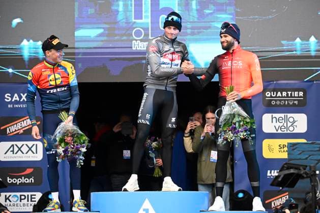 E3 Saxo Classic 2025 Cycling Race Harelbeke, Belgium - March 28 : Van Der Poel Mathieu (NED) of Alpecin - Deceuninck, Ganna Filippo (ITA) of Ineos Grenadiers, Pedersen Mads (DEN) of Lidl - Trek on the podium during the Men Elite UCI World Tour 68th E3 Saxo Classic cycling race of 208 kms with start in Harelbeke and finish in Harelbeke on March 28, 2025 in Harelbeke, Belgium, 28 03 2025 ( Motordriver Kenny Verfaillie - Harelbeke Belgium  Copyright: xPeterxDexVoechtx