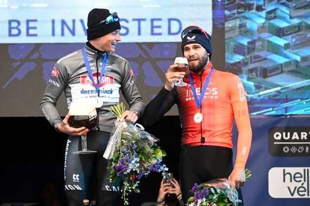 E3 Saxo Classic 2025 Cycling Race Harelbeke, Belgium - March 28 : Van Der Poel Mathieu (NED) of Alpecin - Deceuninck, Ganna Filippo (ITA) of Ineos Grenadiers on the podium during the Men Elite UCI World Tour 68th E3 Saxo Classic cycling race of 208 kms with start in Harelbeke and finish in Harelbeke on March 28, 2025 in Harelbeke, Belgium, 28 03 2025 ( Motordriver Kenny Verfaillie - Harelbeke Belgium  Copyright: xPeterxDexVoechtx