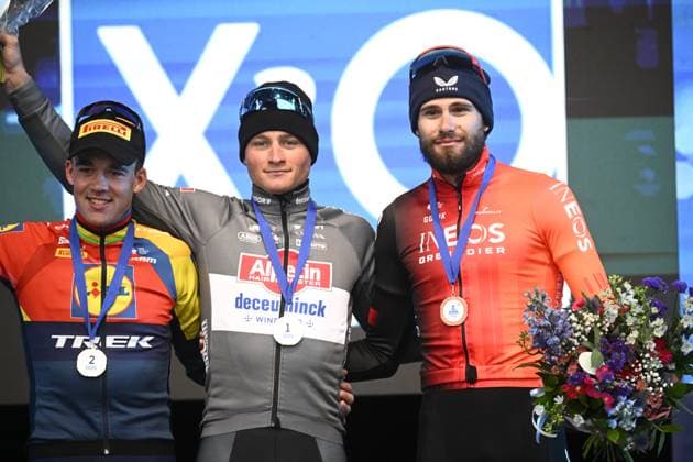 E3 Saxo Classic 2025 Cycling Race Harelbeke, Belgium - March 28 : Pedersen Mads (DEN) of Lidl - Trek, Van Der Poel Mathieu (NED) of Alpecin - Deceuninck, Ganna Filippo (ITA) of Ineos Grenadiers on the podium during the Men Elite UCI World Tour 68th E3 Saxo Classic cycling race of 208 kms with start in Harelbeke and finish in Harelbeke on March 28, 2025 in Harelbeke, Belgium, 28 03 2025 ( Motordriver Kenny Verfaillie - Harelbeke Belgium  Copyright: xPeterxDexVoechtx