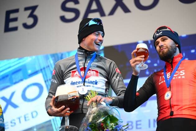 E3 Saxo Classic 2025 Cycling Race Harelbeke, Belgium - March 28 : Van Der Poel Mathieu (NED) of Alpecin - Deceuninck, Ganna Filippo (ITA) of Ineos Grenadiers on the podium during the Men Elite UCI World Tour 68th E3 Saxo Classic cycling race of 208 kms with start in Harelbeke and finish in Harelbeke on March 28, 2025 in Harelbeke, Belgium, 28 03 2025 ( Motordriver Kenny Verfaillie - Harelbeke Belgium  Copyright: xVincentxKalutx