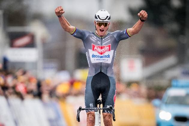 Dutch Mathieu van der Poel of Alpecin-Deceuninck celebrates as he crosses the finish line to win the E3 Saxo Bank Classic one day cycling race, 208,8 km from and to Harelbeke, on Friday 28 March 2025. JASPERxJACOBS  x116569268x