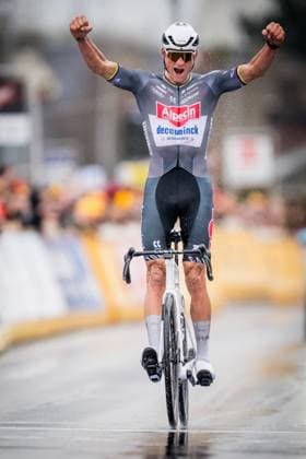 Dutch Mathieu van der Poel of Alpecin-Deceuninck celebrates as he crosses the finish line to win the E3 Saxo Bank Classic one day cycling race, 208,8 km from and to Harelbeke, on Friday 28 March 2025. JASPERxJACOBS  x116569361x