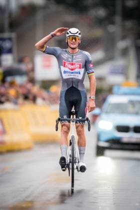 Dutch Mathieu van der Poel of Alpecin-Deceuninck celebrates as he crosses the finish line to win the E3 Saxo Bank Classic one day cycling race, 208,8 km from and to Harelbeke, on Friday 28 March 2025. JASPERxJACOBS  x116569928x